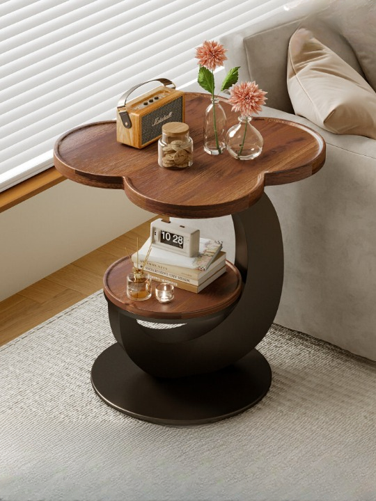 Clover Side Table with Shelf, Walnut Top, Black Base, 18.3 x 23.6 In