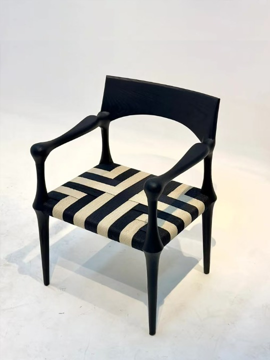 Black Solid Wood Dining Chair with Arms, Handwoven Rope Seat, Sculptural Vintage Accent Chair for Dining Room, Kitchen, Cafe, Study, Tea Room, Restaurant, and Living Room