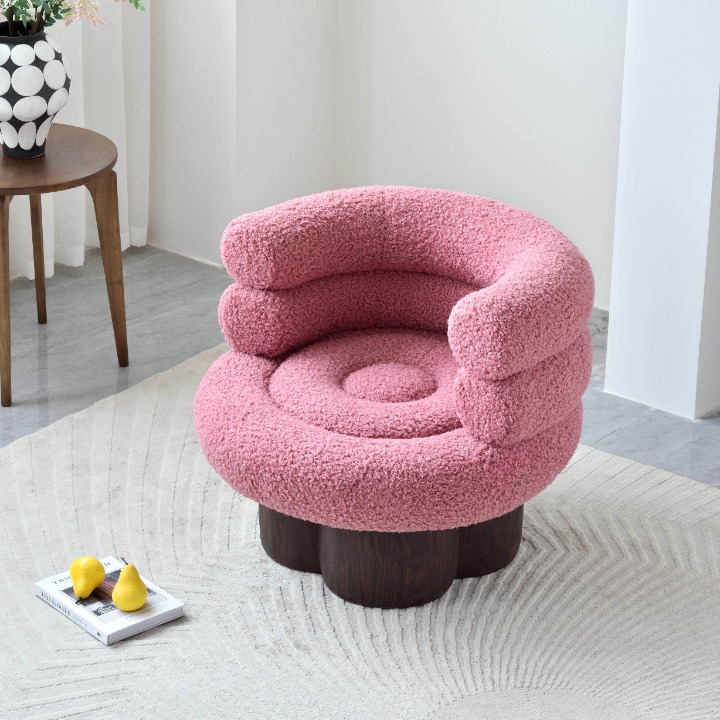 Pink Boucle Swivel Accent Chair with Plush Round Seat and Wood Base
