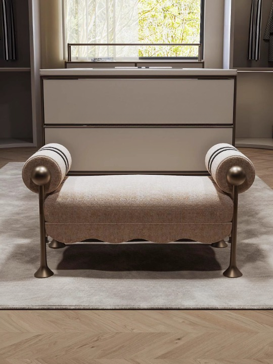 Luxury Modern Boucle Upholstered Bedroom Bench with Bolster Armrests, Beige End of Bed Bench, Entryway Bench Seat, Vanity Stool, Accent Bench with Antique Brass Finish Metal Legs