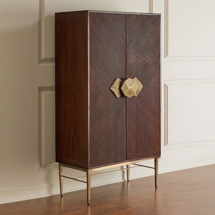 Walnut Brown Bar Cabinet with 2 Doors and Gold Metal Base