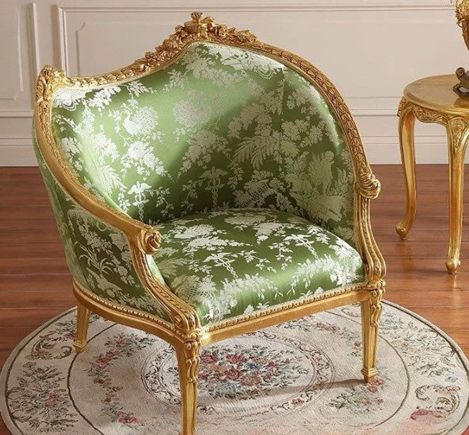 Green Floral Upholstered Accent Chair, French Style Carved Solid Wood Single Sofa Chair with Gold Finish Frame, Luxury Lounge Armchair for Living Room, Bedroom, Balcony, Reading Nook