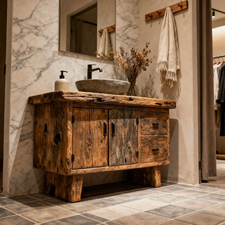 Rustic Reclaimed Wood Bathroom Vanity, Freestanding Bathroom Cabinet with Vessel Sink and Faucet, Weathered Wood Washstand with Doors and Drawers for Hotel, Villa and Powder Room