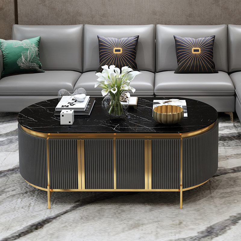 Oval Black Coffee Table with Storage, Faux Marble Top and Gold Frame