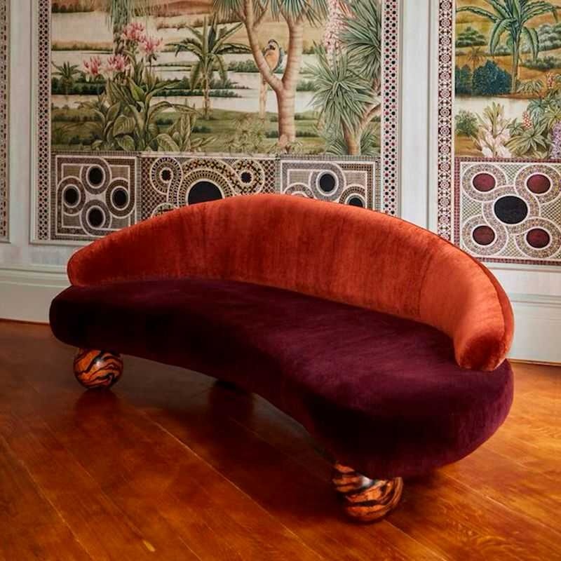 Curved Velvet Sofa, Burgundy Lounge Couch with Crescent Back