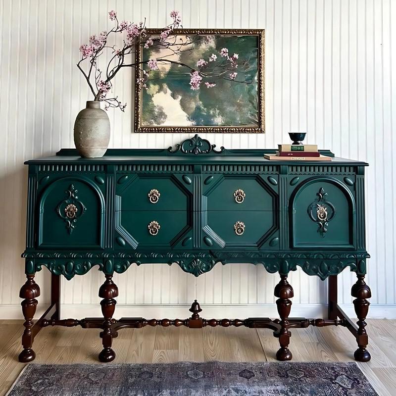 Carved Solid Wood Sideboard Buffet Cabinet, 4 Drawers and 2 Doors, Dark Teal Green Credenza with Decorative Ring Pulls for Dining Room, Living Room or Entryway
