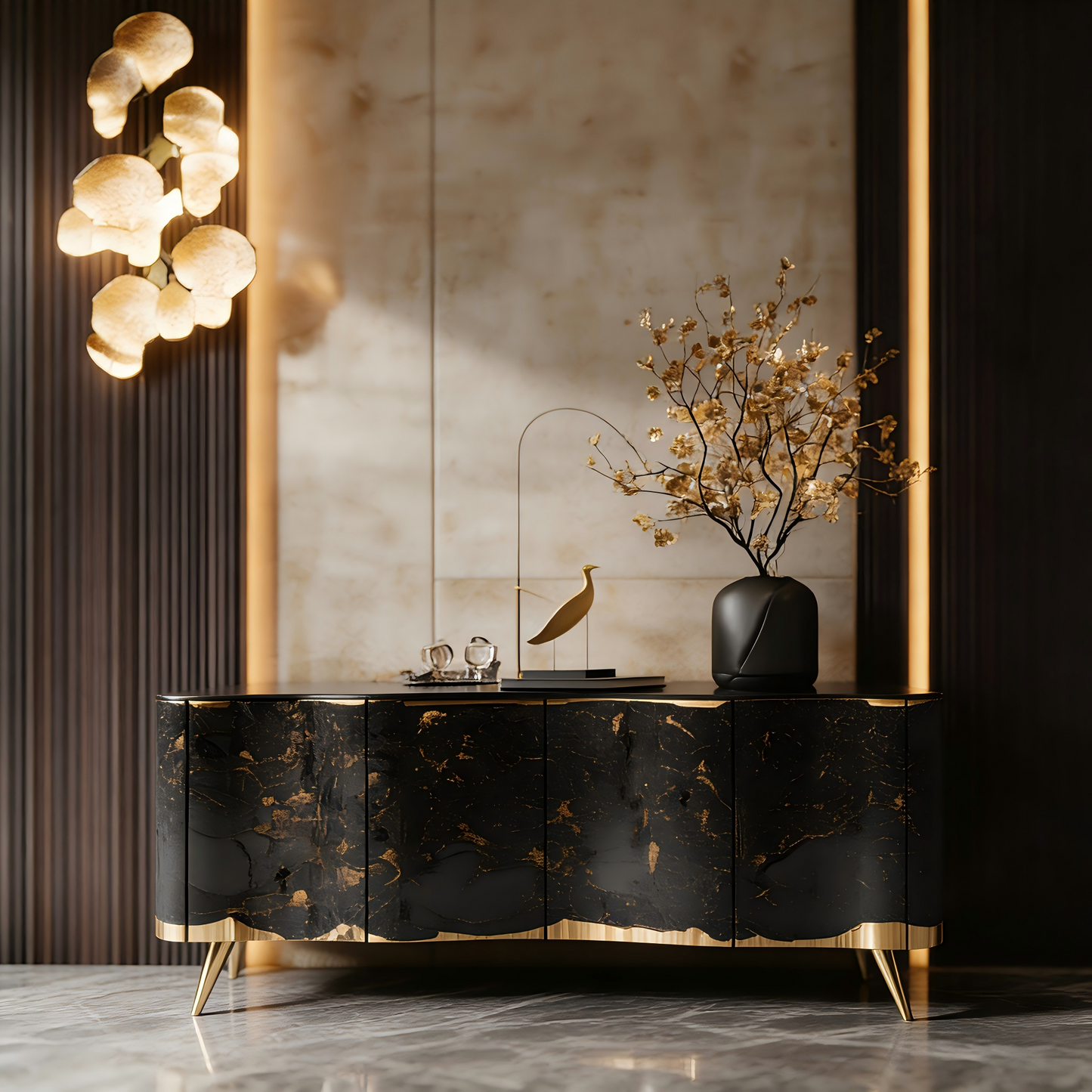 Black and Gold 4 Door Luxury Sideboard Cabinet, Old Money Style Abstract Marble Look Buffet Storage Cabinet with Gold Legs, Modern Credenza for Dining Room, Living Room, Entryway, Hallway, and Home Storage