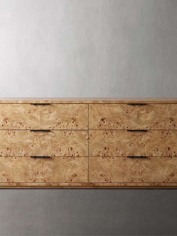 Burl Wood 6 Drawer Dresser, Chest of Drawers with Natural Burl Veneer Look, Modern Vintage Storage Cabinet for Bedroom, Living Room, Hallway, Entryway, and Closet