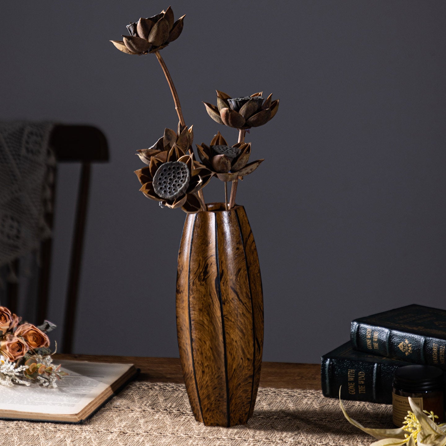 Solid Wood Decorative Vase, Tall Faceted Wooden Flower Vase for Dried Flowers, Rustic Tabletop Centerpiece, Modern Primitive Accent Decor for Living Room, Dining Table, Entryway, Shelf, and Office