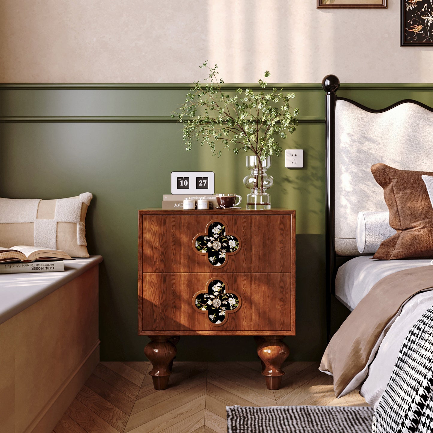 Solid Walnut Wood Nightstand with 2 Drawers, 19.7-Inch Bedside Table with Floral Quatrefoil Inlay Panels and Sculpted Legs for Bedroom, Guest Room or Living Room