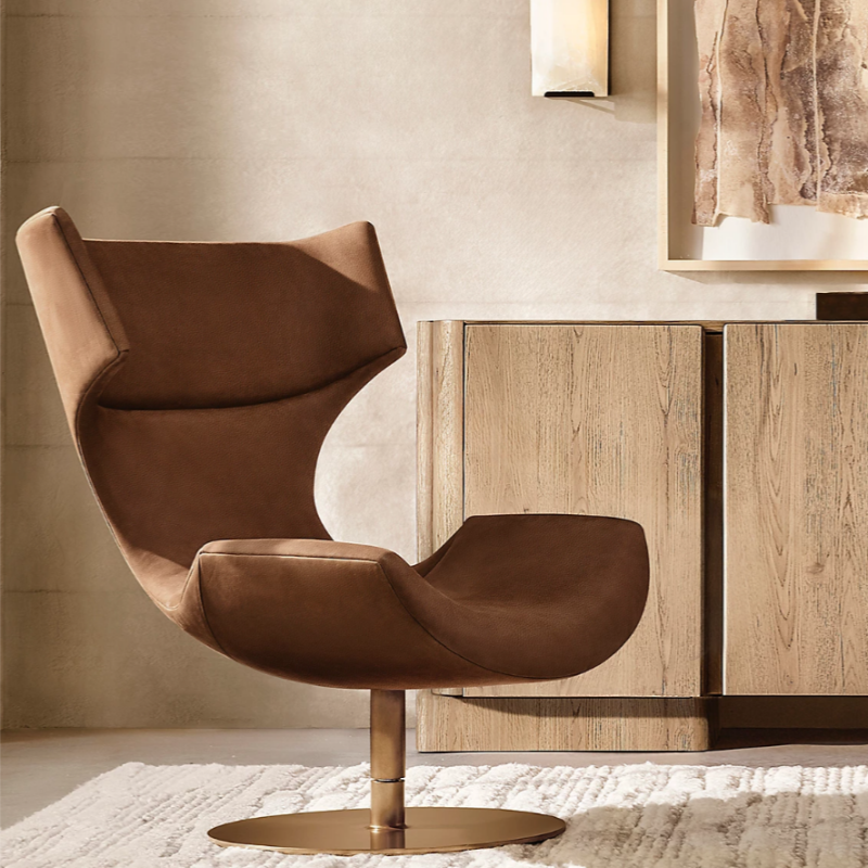 Brown Wingback Swivel Lounge Chair, Upholstered Accent Chair with Gold Metal Pedestal Base for Living Room, Bedroom, Hotel, Villa, Studio