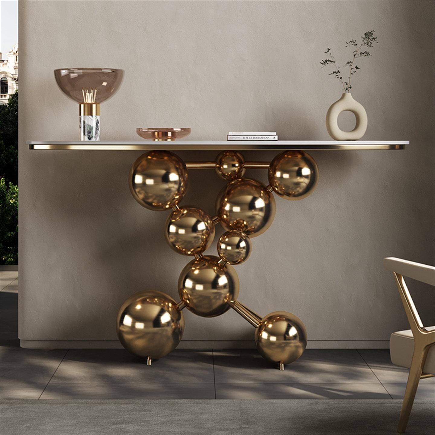 Gold Sphere Sintered Stone Console Table for Entryway