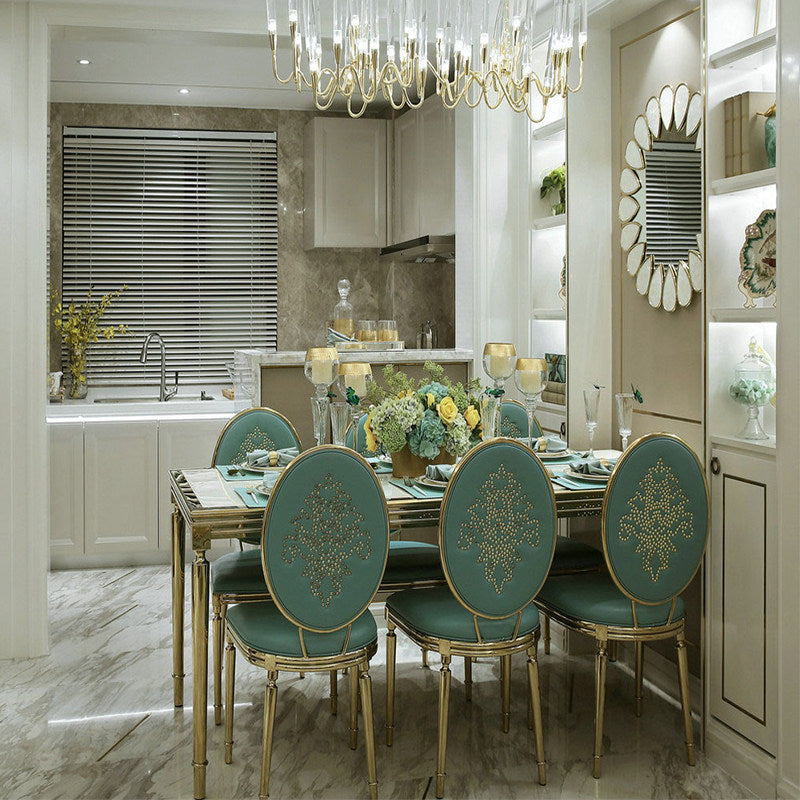 Sage Green Upholstered Oval Back Dining Chair, Antique Gold Stainless Steel Frame with Decorative Stud Pattern, Luxury Side Chair for Dining Room, Kitchen, Hotel and Banquet