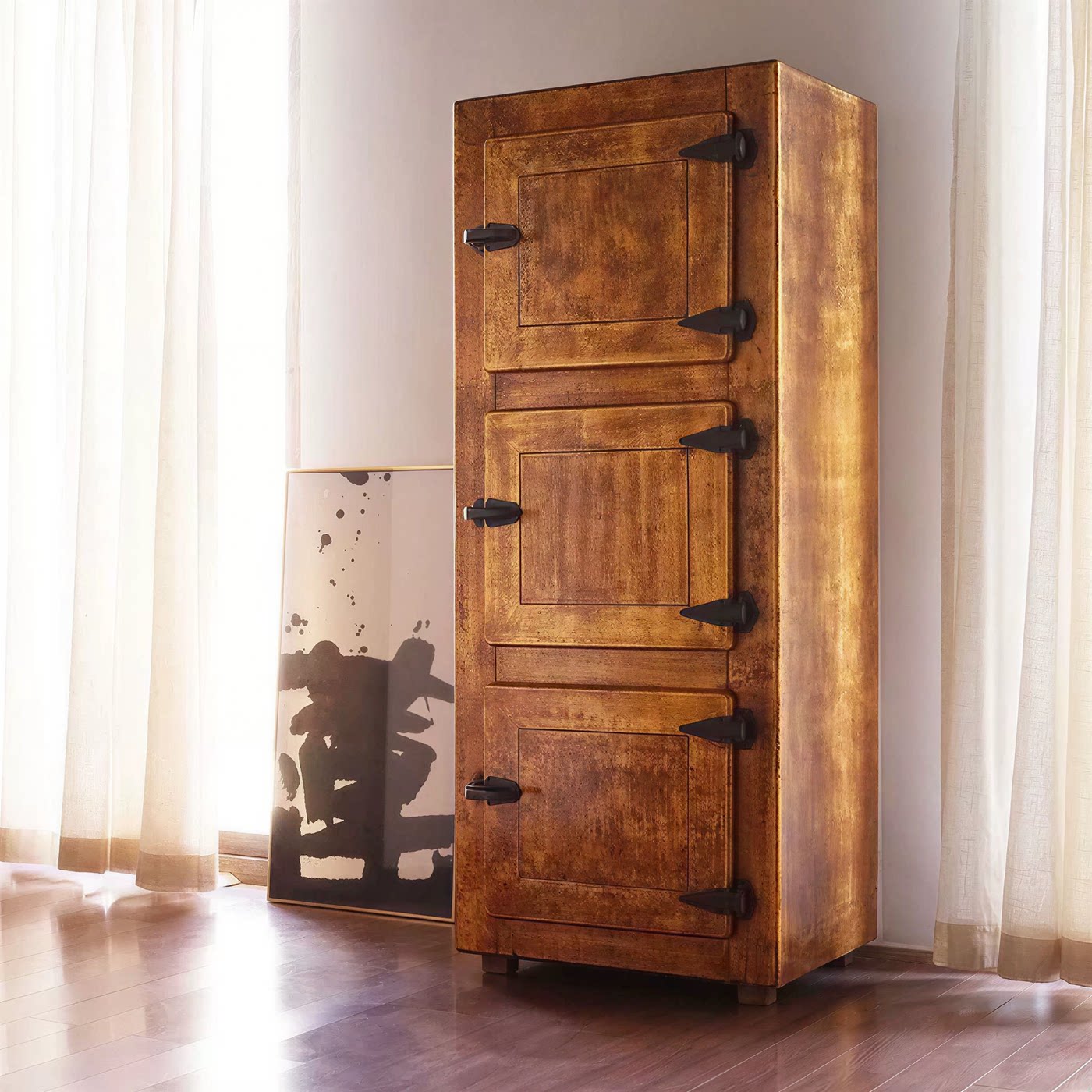 Vintage 3-Door Solid Wood Storage Cabinet, Distressed Brown