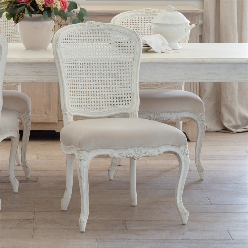 Vintage White Cane Back Dining Chair, Carved Solid Wood Side Chair with Upholstered Seat, Rustic Accent Chair for Dining Room, Vanity, Office and Bedroom