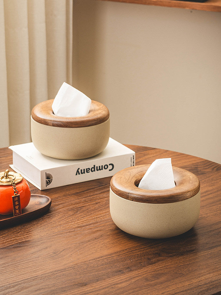 Ceramic Tissue Box with Walnut Wood Lid, Round Holder for Home Decor