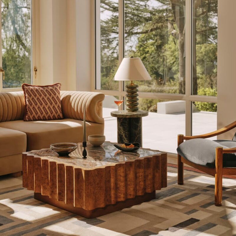 Square Marble Top Coffee Table, Solid Wood Carved Fluted Center Table for Living Room, Hotel Lounge, Villa, Modern Rustic Cocktail Table