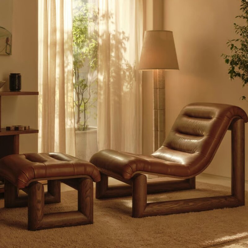 Brown Leather Lounge Chair, Low Profile Accent Chair with Solid Wood Sled Frame for Living Room, Bedroom, Hotel, Villa, Reading Corner