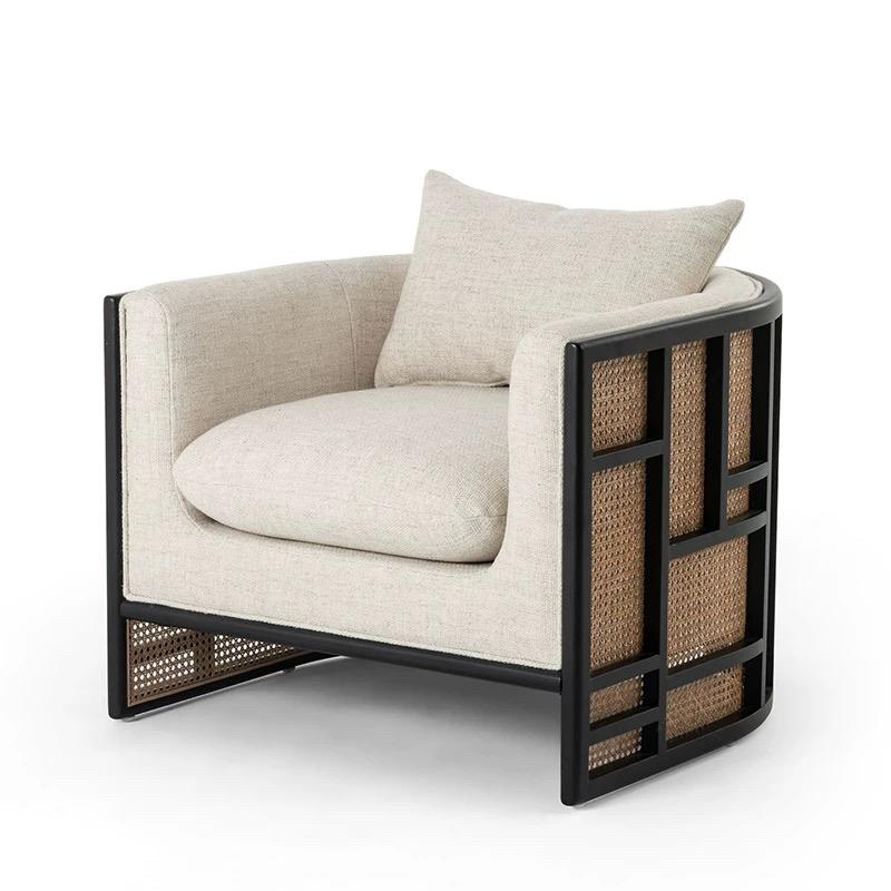 Cream Fabric Accent Chair with Black Wood Frame and Cane Panels