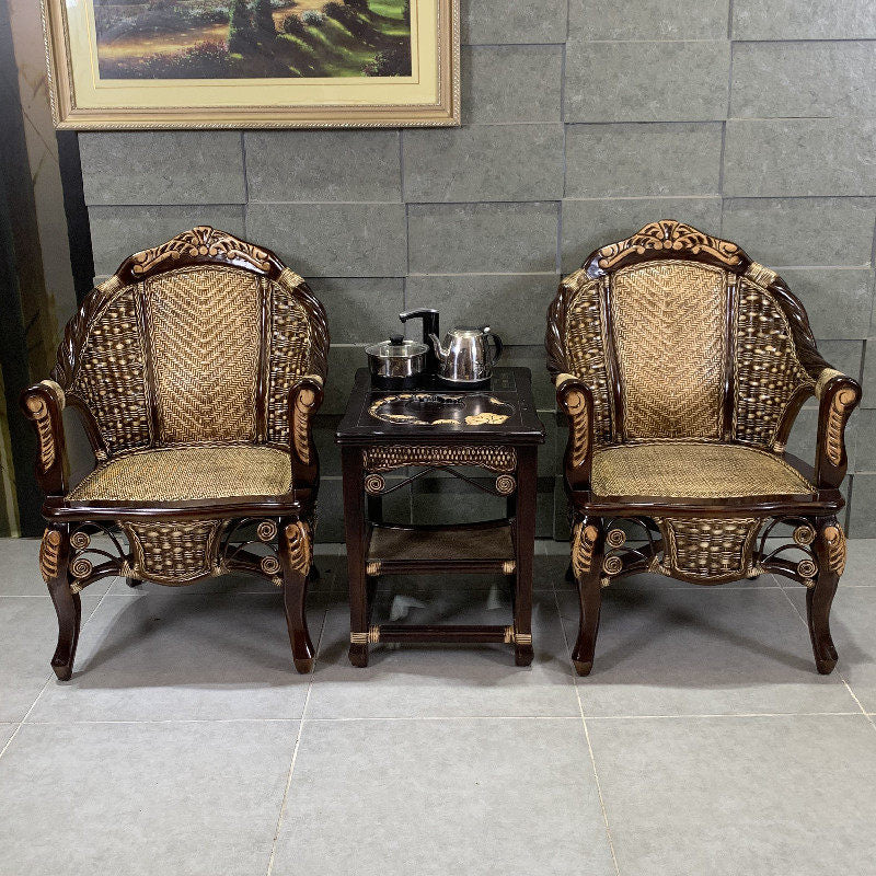 Ornate Natural Rattan High Back Armchair with Woven Cane Seat