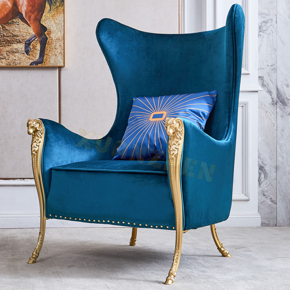 Luxury Blue Velvet Wingback Accent Chair, High Back Upholstered Armchair with Gold Metal Legs, Modern Statement Lounge Chair for Living Room, Bedroom, Hotel Lobby, Reception Area