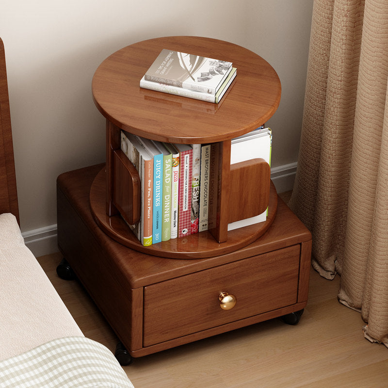 Solid Wood Nightstand with 360° Rotating Bookshelf, Mobile Bedside Table with Storage Drawer &amp; Locking Casters, Walnut End Table Organizer for Bedroom, Living Room &amp; Home Office