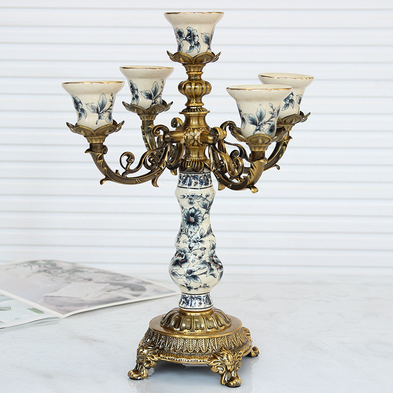 5-Arm Ceramic Candelabra with Antique Gold Metal Base, Decorative Candle Holder Centerpiece for Dining Table, Mantel, Wedding, Living Room &amp; Entryway, Blue Floral Porcelain Design