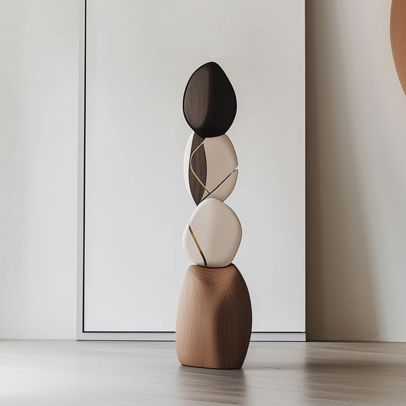 Modern Abstract Wood Floor Sculpture, Tall Carved Organic Stacked Statue, Brown and Ivory Decorative Art Accent for Hotel Lobby, Entryway, Living Room, Villa, Office and Gallery Decor