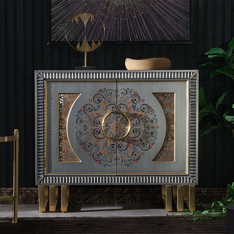 Distressed Silver 2-Door Accent Storage Cabinet, Ornate Floral Medallion Sideboard Buffet with Gold-Tone Ring Pull and Raised Legs for Entryway, Dining Room, Living Room or Hallway