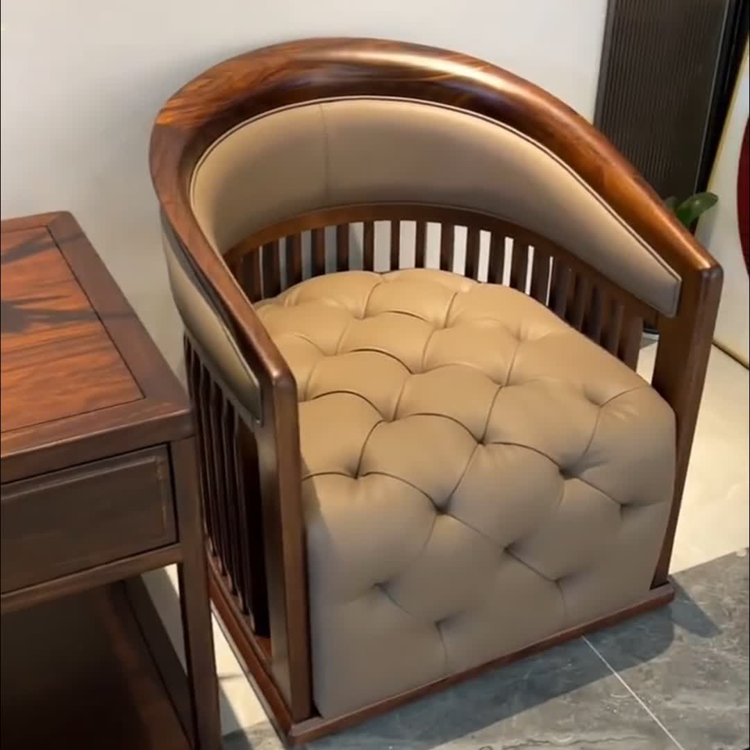 Ash Wood Barrel Accent Chair with Tufted Cushion and Spindle Back
