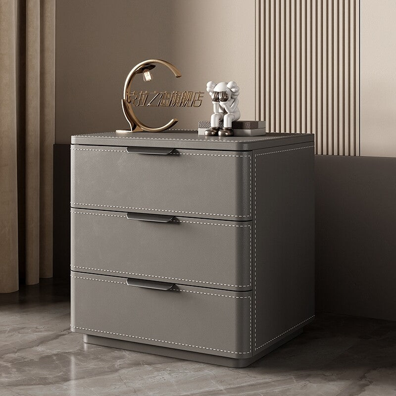 Modern 3 Drawer Nightstand with Sintered Stone Top, Gray Leather-Wrapped Bedside Table with Solid Wood Frame, Minimalist Storage Cabinet for Bedroom, Living Room and Small Spaces