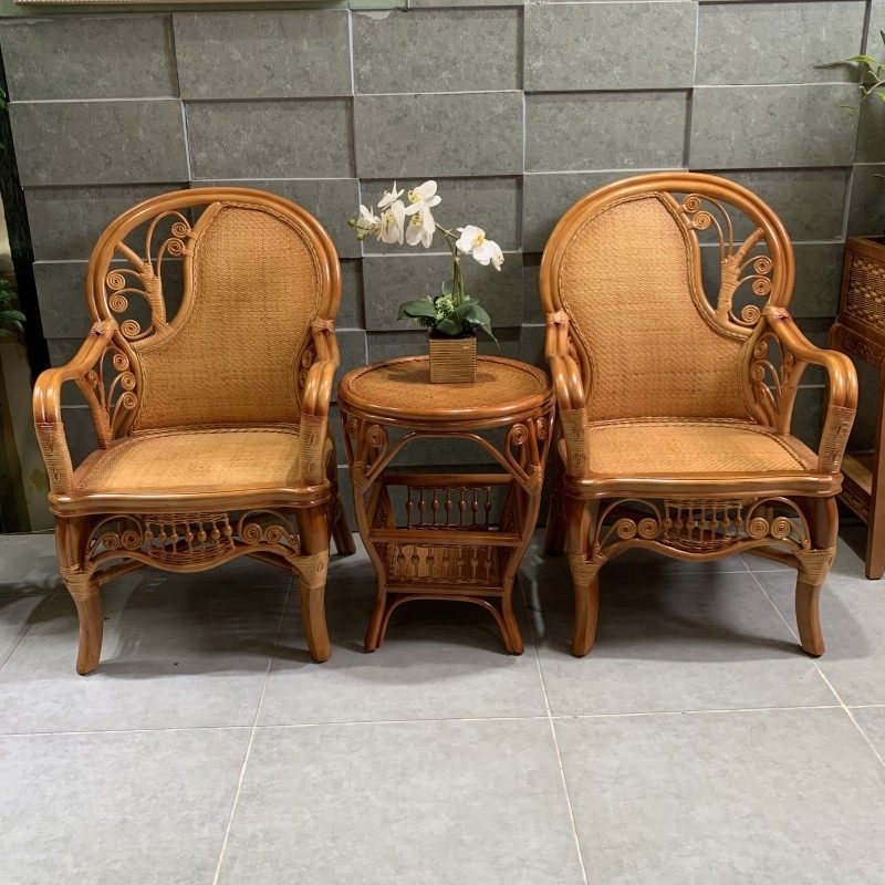 Natural Rattan High Back Armchair, Honey Brown Woven Cane Chair