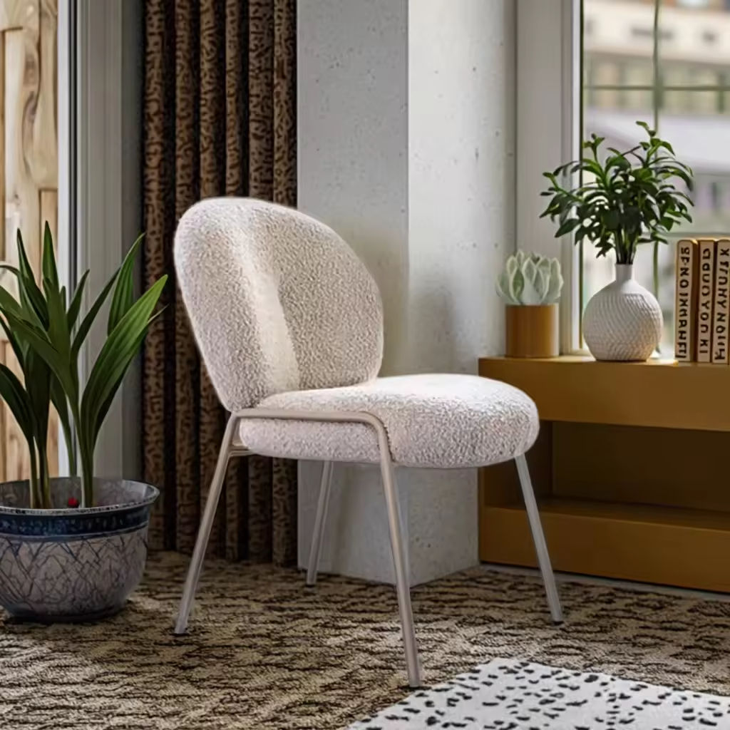 Ivory Boucle Accent Chair with Metal Legs for Living Room