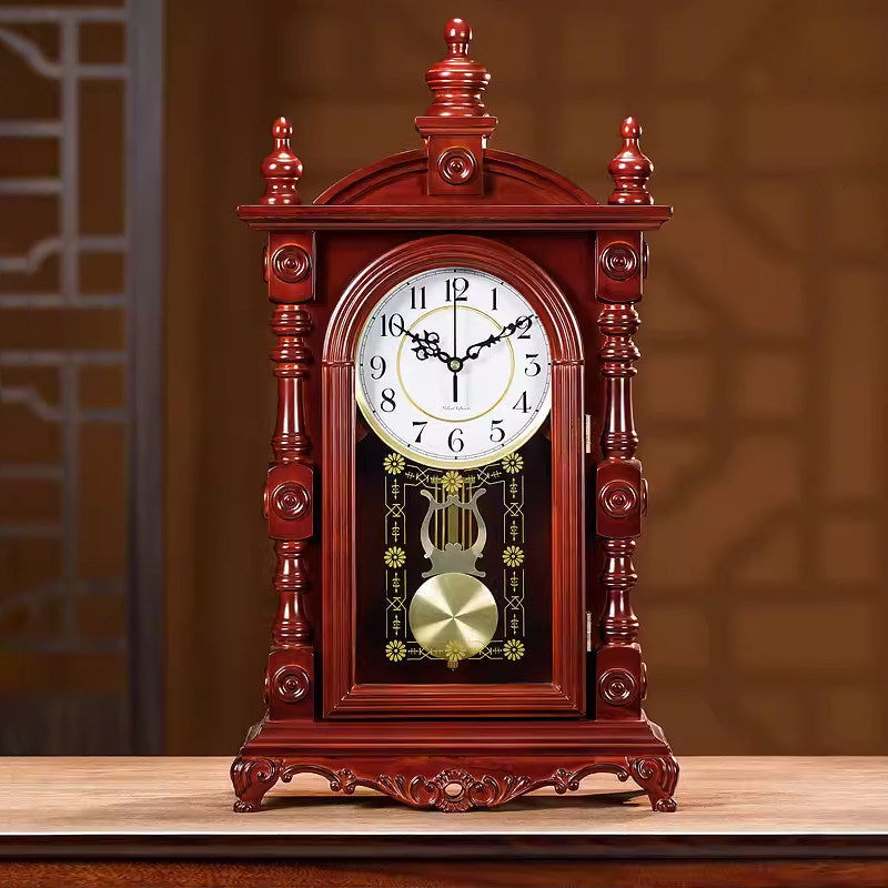 Vintage Solid Wood Mantel Clock with Pendulum, Silent Analog Table Clock