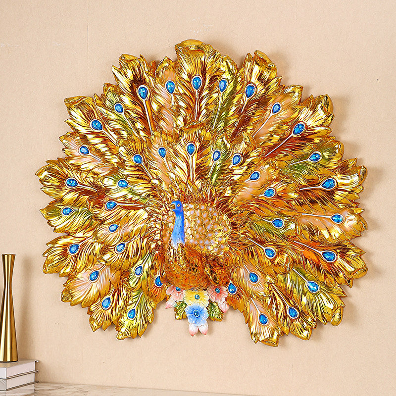 Peacock Wall Decor, Large Gold 3D Metal Look Wall Sculpture, Decorative Peacock Wall Hanging for Living Room, Entryway, Hallway, Villa, Foyer, and Statement Home Decor