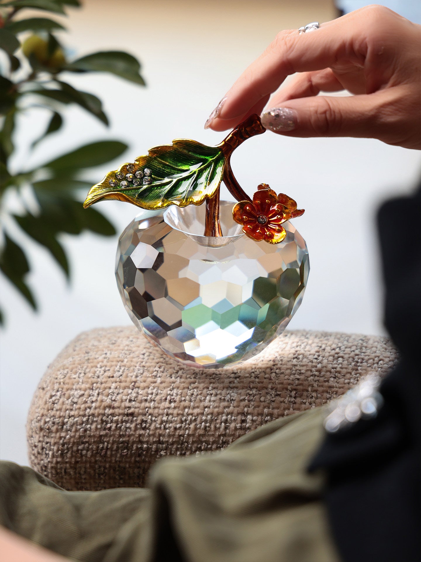 Crystal Apple Figurine with Enameled Leaf, Decorative Glass Paperweight