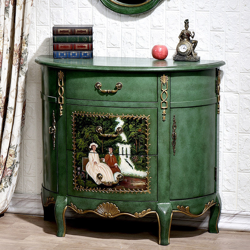 Green Hand-Painted Demilune Storage Cabinet for Entryway and Living Room
