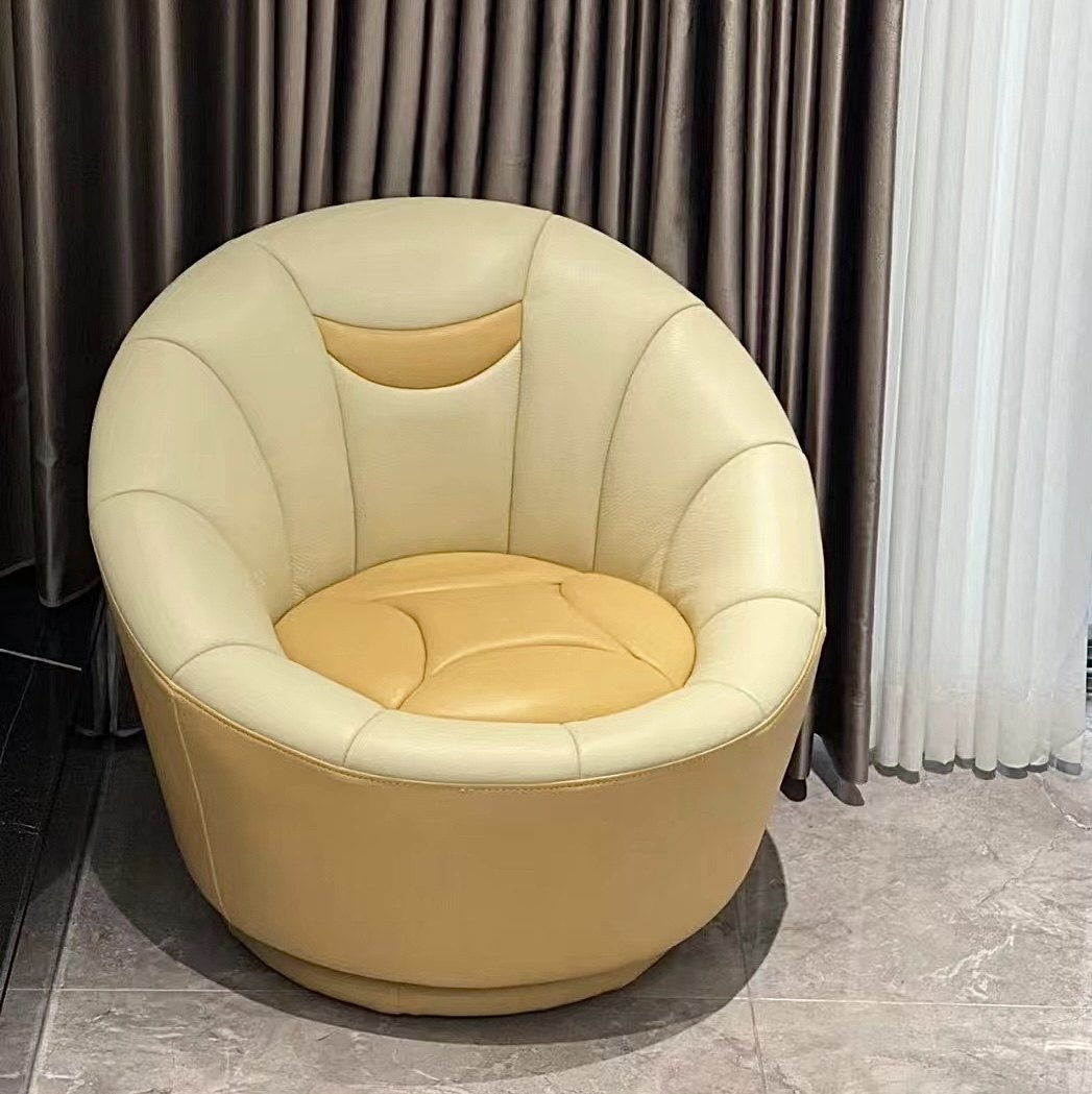 Beige Genuine Leather Swivel Accent Chair, Round Barrel Lounge Chair with 360-Degree Rotation, Upholstered Tub Chair for Living Room, Bedroom, Reading Nook and Reception Area
