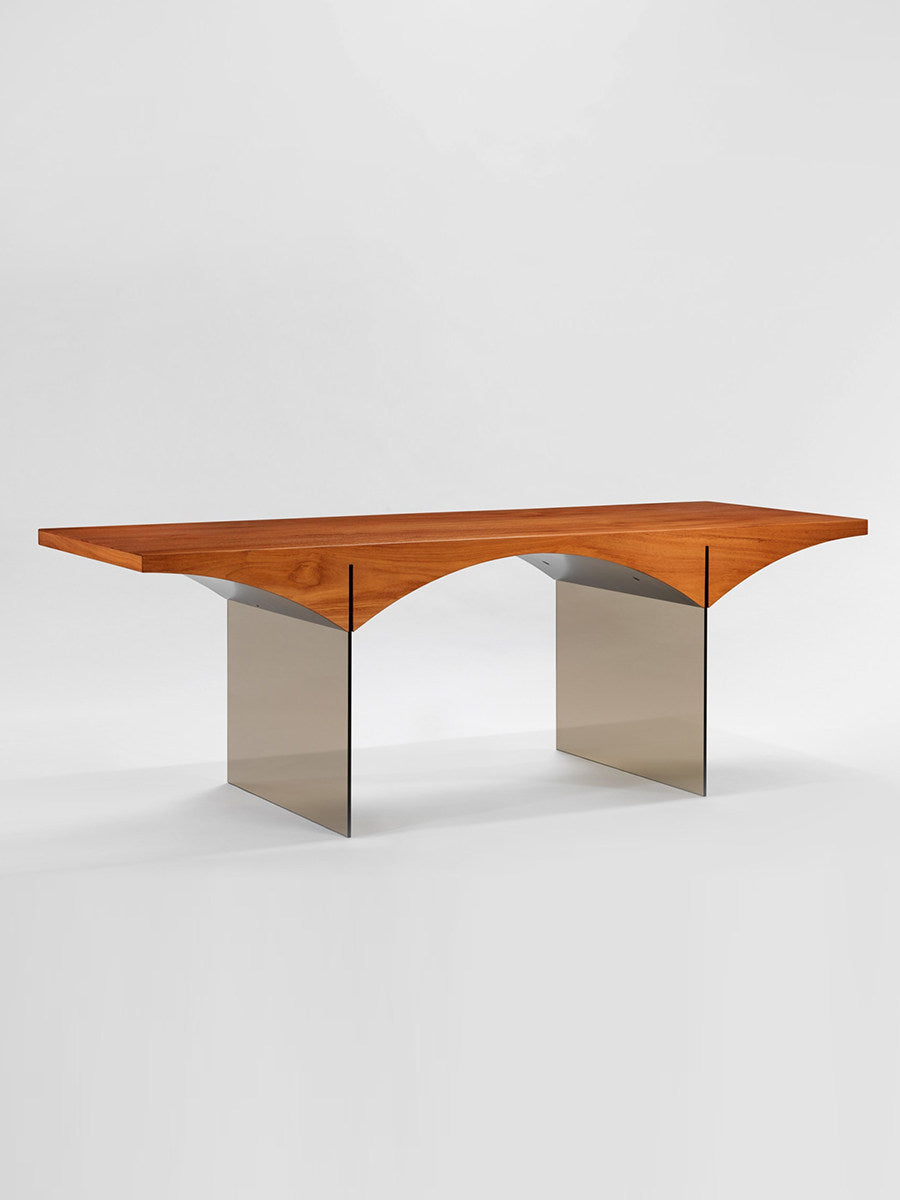 Solid Wood Writing Desk with Tempered Glass Legs, Walnut Home Office Desk, Danish Modern Computer Desk with Sculpted Wood Top, Executive Study Table for Office, Bedroom, Living Room
