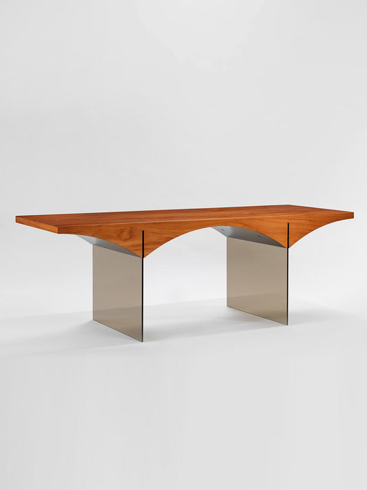 Solid Wood Writing Desk with Tempered Glass Legs, Walnut Home Office Desk, Danish Modern Computer Desk with Sculpted Wood Top, Executive Study Table for Office, Bedroom, Living Room