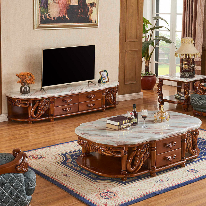 Solid Wood Marble Top Coffee Table with Storage Drawers, Hand-Carved Traditional Living Room Center Table, Luxury Vintage Cocktail Table with Open Shelf