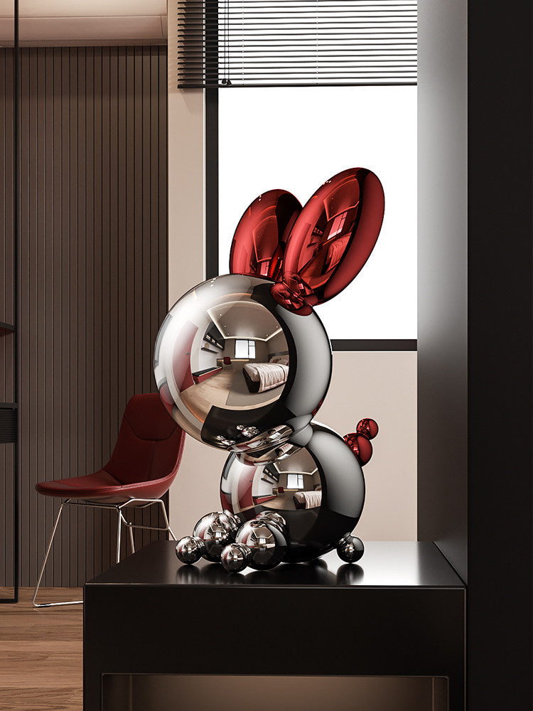 Stainless Steel Rabbit Sculpture, Red and Silver Modern Desk Decor, 5.5 Inch