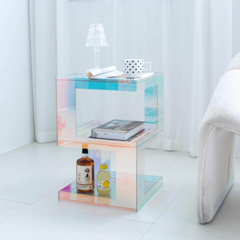 Iridescent Acrylic Side Table with Open Shelf for Bedroom