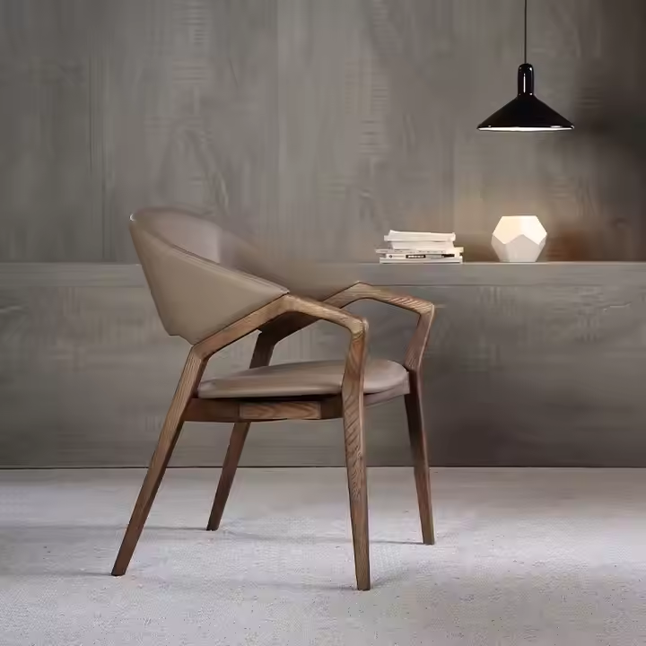 Beige Leather Dining Chair, Solid Wood Arm Chair for Dining Room