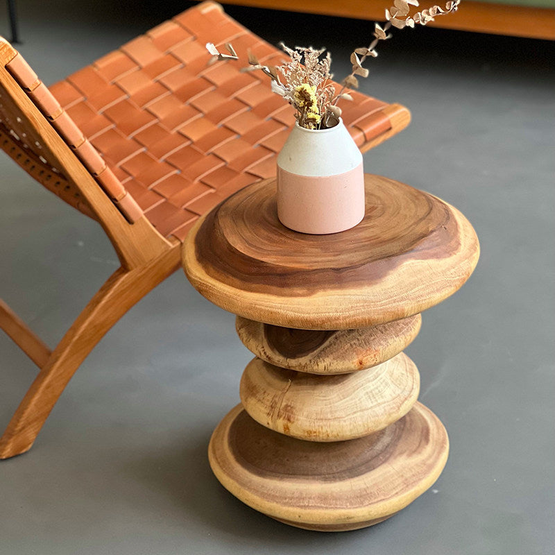 Sculptural Solid Wood Stool, Stacked Stone Side Table in Natural Finish