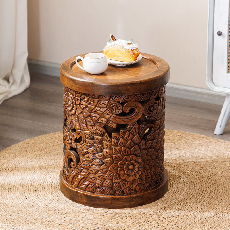 Solid Wood Carved Round Stool, Rustic Floral Drum Stool, Decorative Wooden Side Table, Entryway Shoe Bench, Plant Stand, Footstool, and Accent Seat for Living Room, Bedroom, Porch, and Balcony