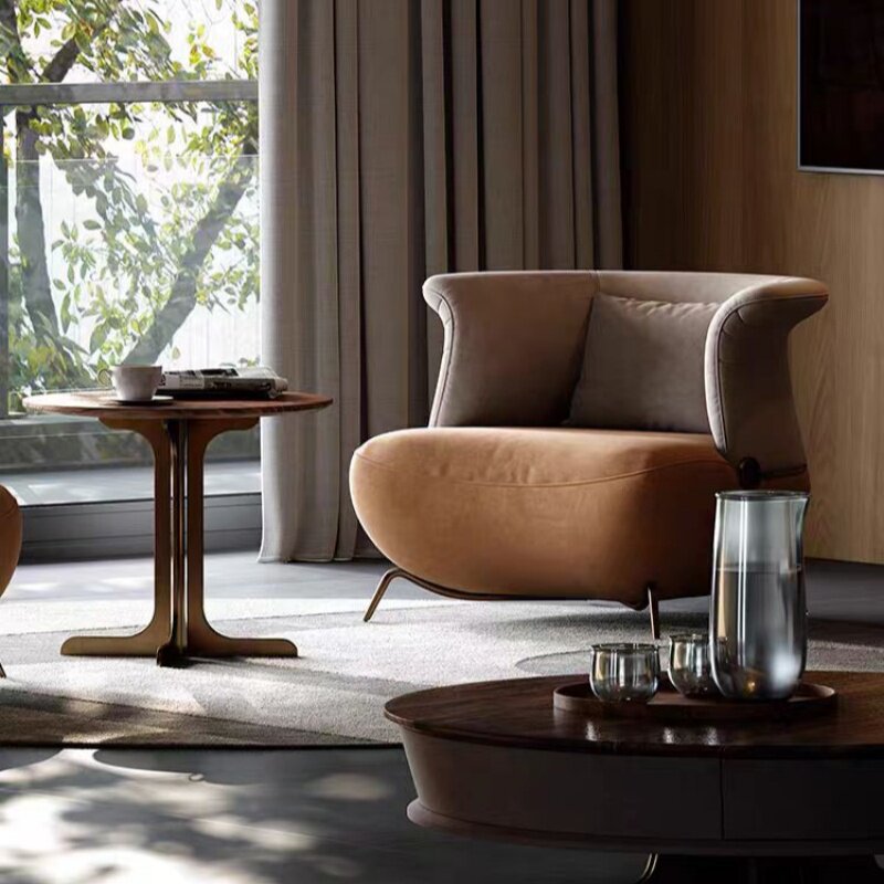 Italian Modern Accent Lounge Chair, Upholstered Single Sofa Chair with Sculptural Metal Legs, Luxury Leisure Armchair for Living Room, Bedroom, Lounge and Reception
