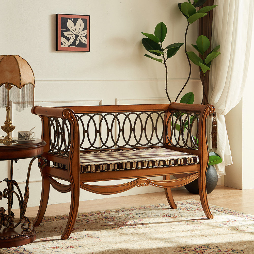 Amber Brown Solid Birch Wood Loveseat Bench, Vintage-Inspired 2-Person Upholstered Settee with Curved Arms, Open Loop Back and Removable Seat Cushion for Living Room, Entryway and Bedroom