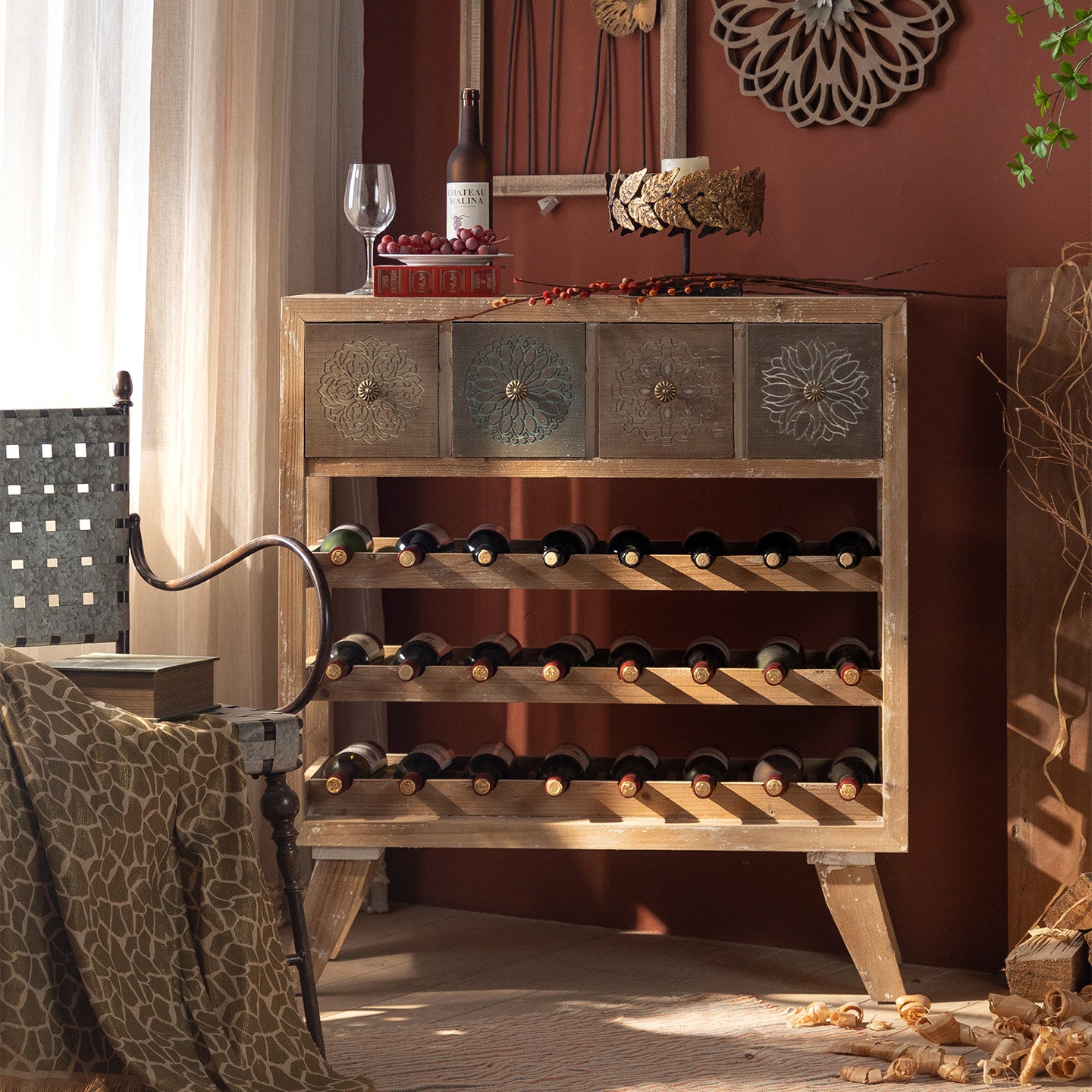 Freestanding Wood Wine Rack with 4 Drawers, 24-Bottle Floor Storage Cabinet