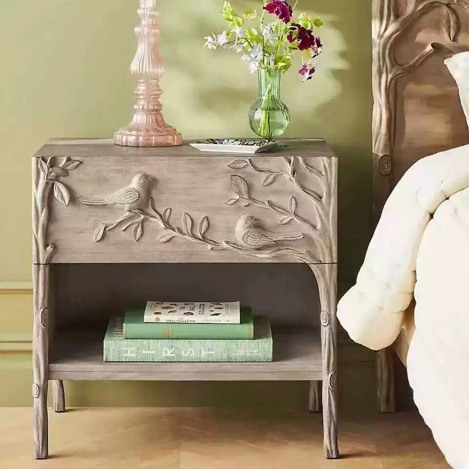Carved Wood Nightstand with Drawer and Open Shelf, Bird and Branch Design